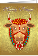 Happy Pongal, with Golden effect background and adorned cow card
