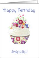 Happy Birthday to Sorority Sister- Whimsical Cupcake with Flowers card