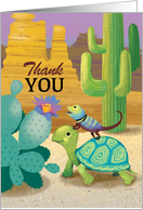 Thank You with a Cute Lizard Sitting on a Turtle Amongst Desert Cactus card