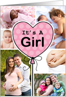 Pink Heart Balloon Baby Girl Birth Announcment Custom Photo Collage card