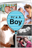 Boy Blue Striped Balloon Baby Announcement Custom Photo Collage card