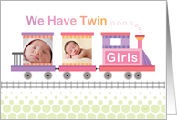 Twin Girls Birth Announcement Pink Train Custom Photo card