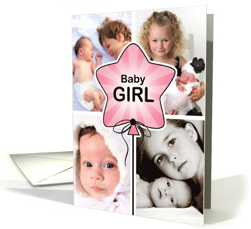 Birth Announcement Baby Girl Pink Balloon Custom Photo card (1619464)