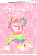 Custom Name and Age Unicorn on Rainbow Watercolor Effect Birthday card