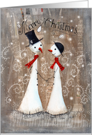 Cute Christmas Snowman and Snow-woman for Couple Holding Hands and Smiling card