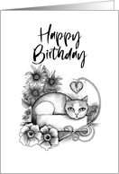 Happy Birthday Tabby Cat in a Box and Flowers card
