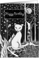 Happy Birthday White Cat Flowers and Moon card