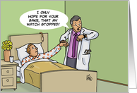 Humorous Doctors’ Day Card with a Doctor Examining a Patient card