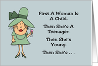 Birthday Card With Cartoon Woman First A Woman Is A Child card