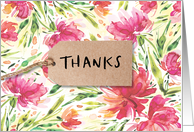 General Thanks with Kraft style Tag on floral watercolor background card