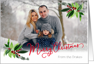 Custom Front Merry Christmas with Soft Snow Overlay and Holly card