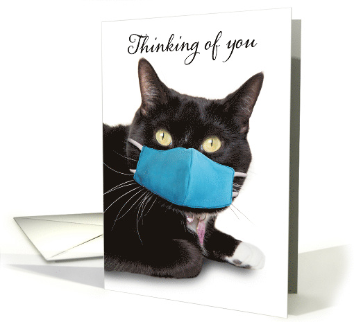 Thinking of You Cat Face Mask Coronavirus Social Distancing Humor card