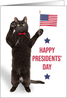 Happy Presidents’ Day Cat Saluting With Flag Humor card
