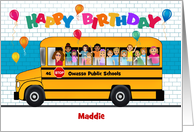 Custom Front School Bus with Kids Balloons Birthday card
