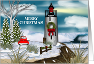 Christmas, Lighthouse, Ocean Scene with Retro Red Truck card