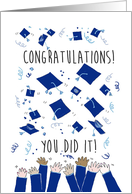 Graduation card with Blue Hats Tossed and Confetti Fying card