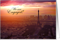 We Are Engaged Announcement with Eiffel Tower in Paris at Sunset card