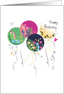 Birthday Party Balloons with Watercolor Tropical Leaves and Confetti card