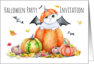 Halloween Party Cute Cat in Pumpkin Watercolor card