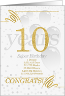 10 Years Sober Birthday Faux Gold Glitter with Silver Gray card
