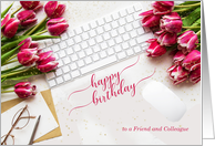 for Colleague’s Birthday Pink Tulips and Desktop with Keyboard card
