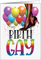 Happy Birth GAY Woman’s Brown Legs in Pumps Rainbow Colors card