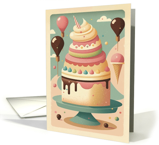 Retro Birthday Cake and Balloons Sweet and Nostalgic card (1764070)
