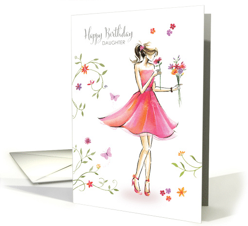 Birthday Daughter in Pretty Dress Holding Flowers card (1765858)