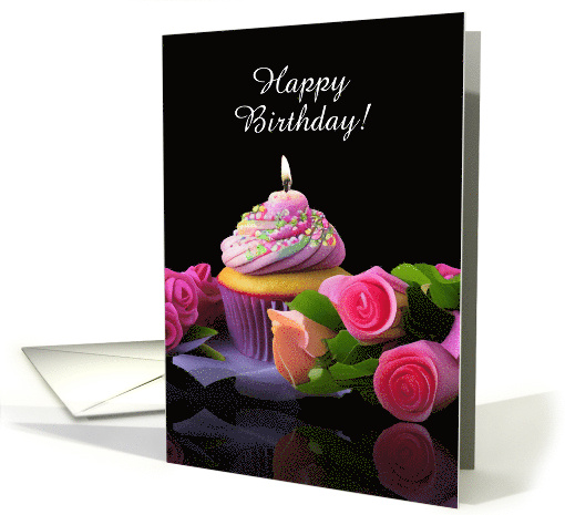 Birthday Cupcake Sprinkles with and Candle Roses Custom Text card