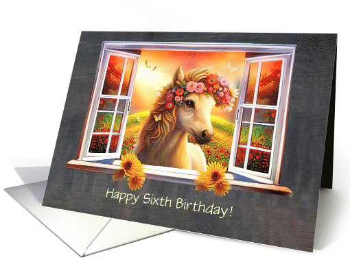 6th Birthday Cute Horse with Flowers and Butterflies Custom Cover card