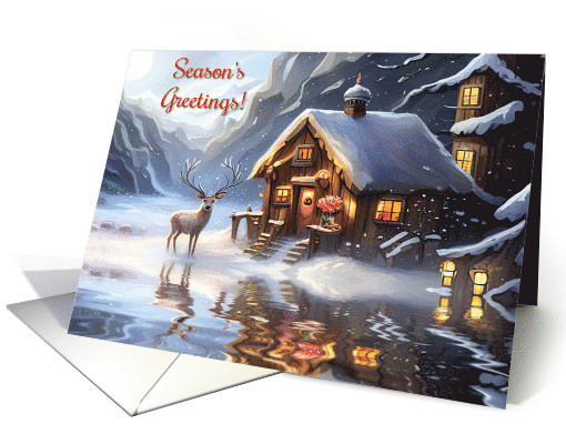 Seasons Greetings Our House to Yours Cute Cabin and Deer Snow card