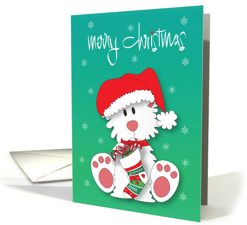 Hand Lettered Fluffy White Dog in Santa Hat with Dangling... (1773408)
