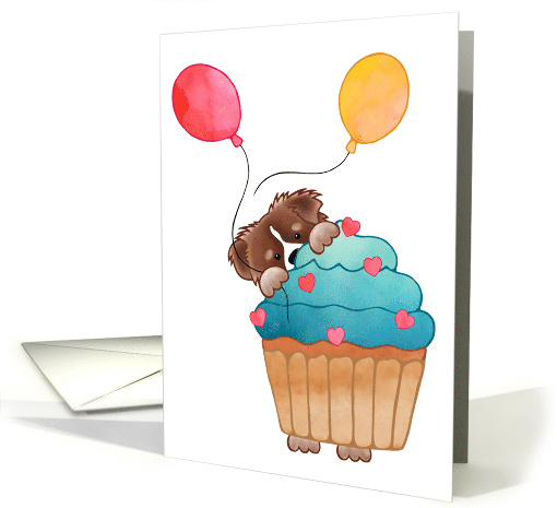 Happy Birthday Australian Shepherd behind a cupcake with balloons card