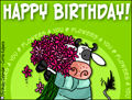happy birthday, b-day,congratulations,cow, flowers, bouquet, flower 4 you, bday, moo, purple, pink, family, relative