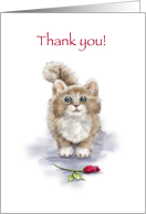 Soft colored cute cat with big eyes in front of red rose, thank you card