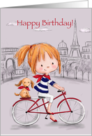 Cute young girl bicycling with dog in Paris, Happy Birthday card