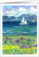 Happy Birthday Sailing Mountain Lake Lupine Wildflowers Watercolor card