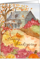 Happy Thanksgiving Autumn Country House Watercolor Landscape card