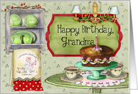 Happy Birthday, Grandma; cake and retro towels and dishes card