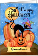 To Grandson Happy Halloween with Pumpkins, Cat, Bat, Stars, and Moon card