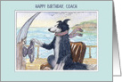 Happy Birthday Coach, Border Collie dog steering a boat card