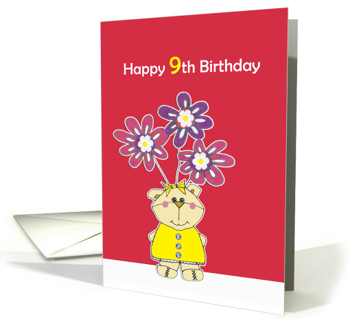 happy 9th birthday, cute little bear with flowers card (188501)