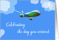 Airplane Day Adoption Green Flying Airplane in Sky card