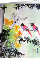 red birds on bamboos