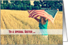 Military thank you to Sister-girl with American flag in a field card