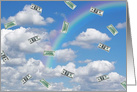 Good Luck, money floating in the sky with rainbow card