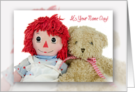 Name Day old rag doll with teddy bear on white card