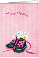 New Niece Congratulations daisy bouquet in girlie sneakers on gingham card