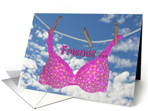 Friendship pink bra hanging on clothes line with sky background card