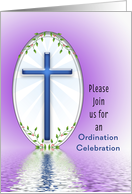 Ordination Invitation with Blue Cross Reflected in Purple Water card